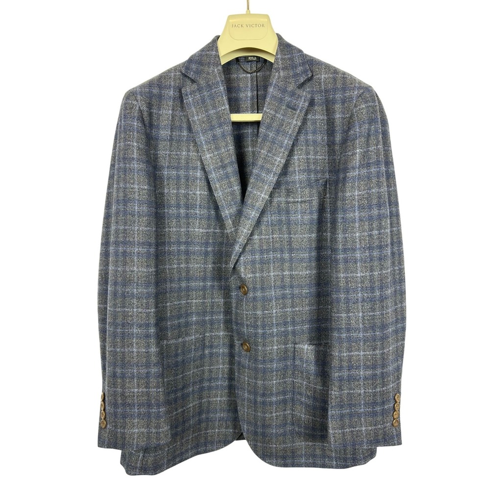 Jack Victor‎ Blue Grey Plaid Wool Blend Blazer Preppy Sport Coat 40R Knit Tie